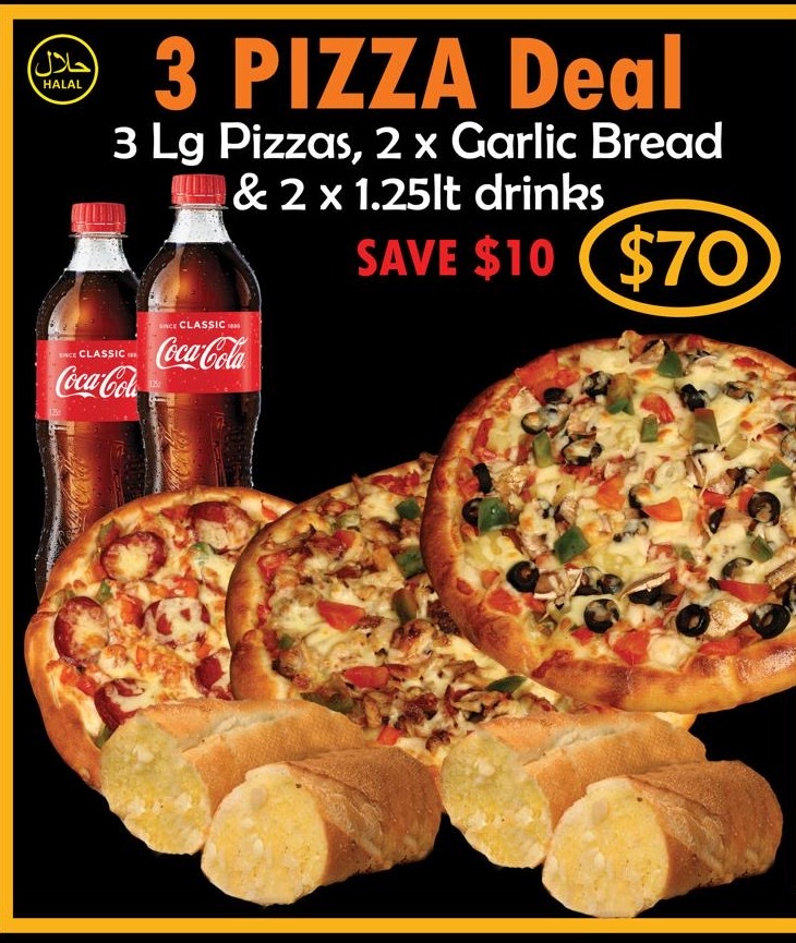 3 Pizza Deal — 3 large pizzas, 2 x garlic bread & 2 x 1.25lt drinks for $70