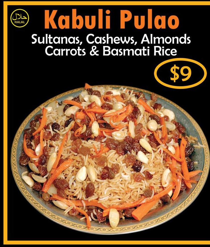 Kabuli Pulao — Sultanas, cashews, almonds, carrots & basmati rice for $9