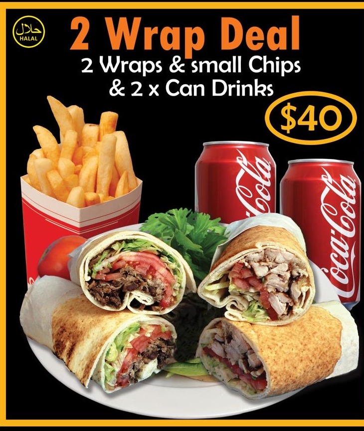 2 Wrap Deal — 2 wraps, small chips & 2 x can drinks for $40